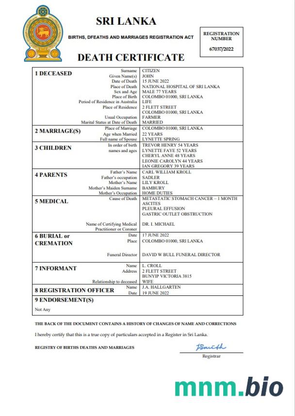 Sri Lanka rekord życiowy śmierć certyfikat Word i PDF szablon